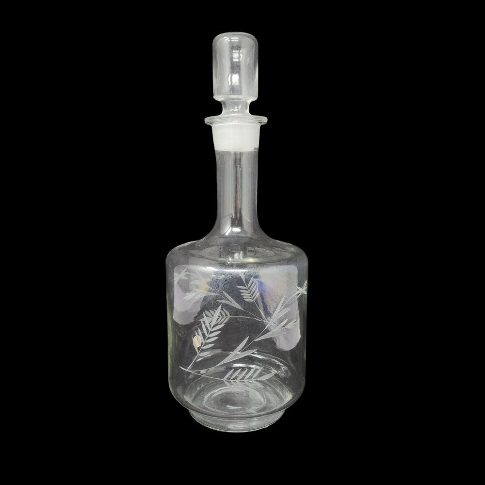 Vintage Etched Crystal Decanter With Wheat Design Glass Topper 13.25" Tall